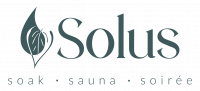 Solus logo with tagline that says "Soak, Sauna, Soiree"